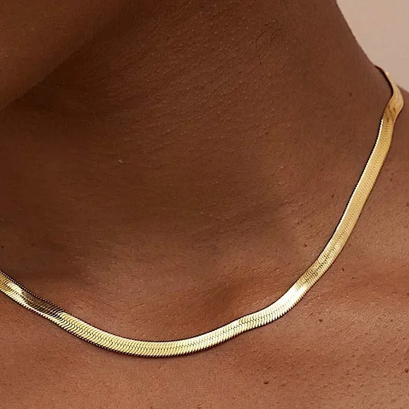 Gold Herringbone Flat Necklace Bracelet Set, Unisex, Two Piece 4mm - Picture 9 of 9